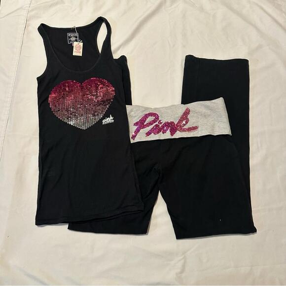 Y2K Victoria’s Secret PINK Bling Foldover Flare Leggings and Tank Top - Picture 1 of 8